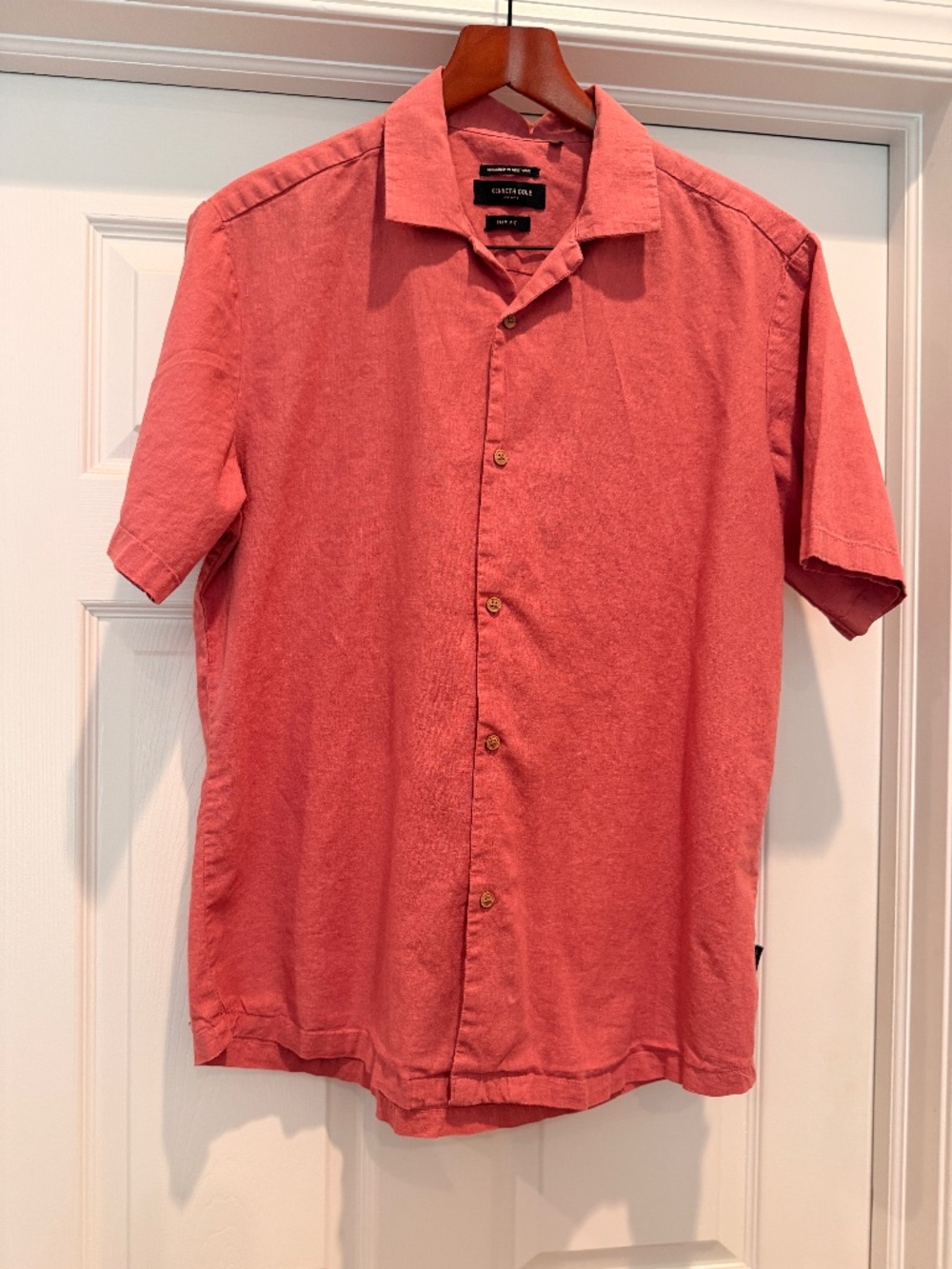 Kenneth Cole New York Mens Slim Fit Short Sleeve Button Down Shirt Coral-Pink L